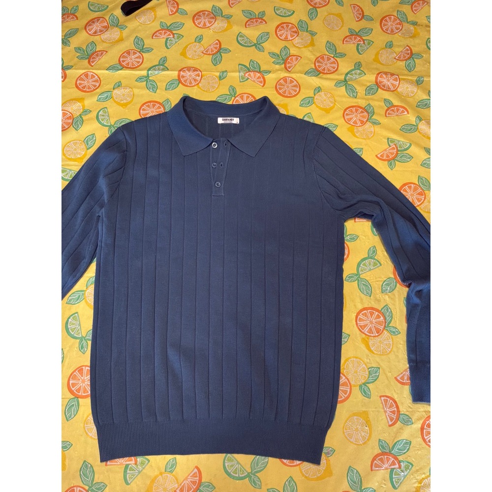 Grandpa Core Mens COOFANDY Ribbed Knit Polo Sweater M Blue Long Sleeve Collared
